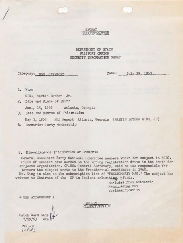 Martin Luther King Jr. State Department Records - Passport Files - Image 3
